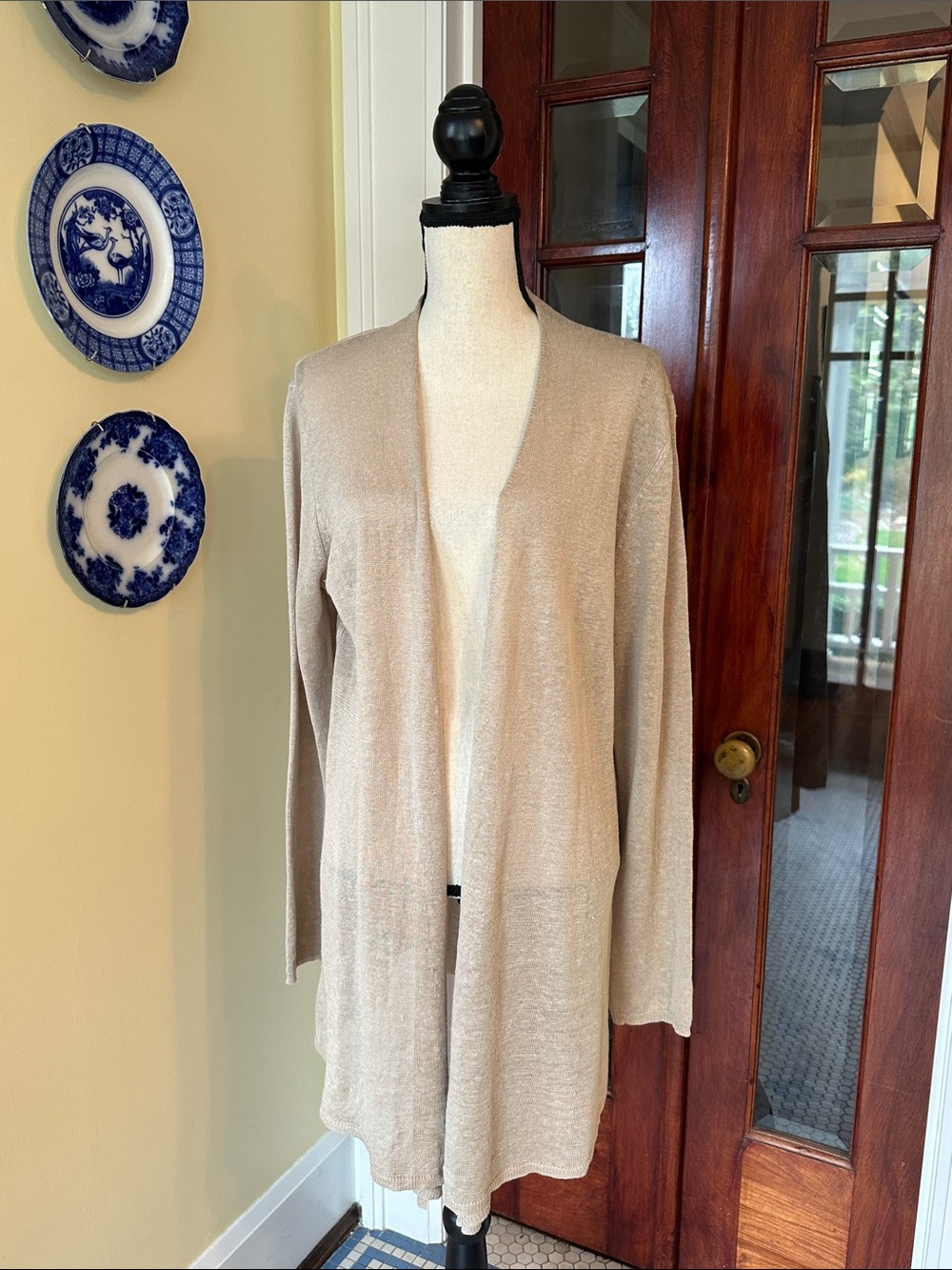Joan Vass | 100% Linen Beige Open Front Drape Cardigan Sweater, Size L